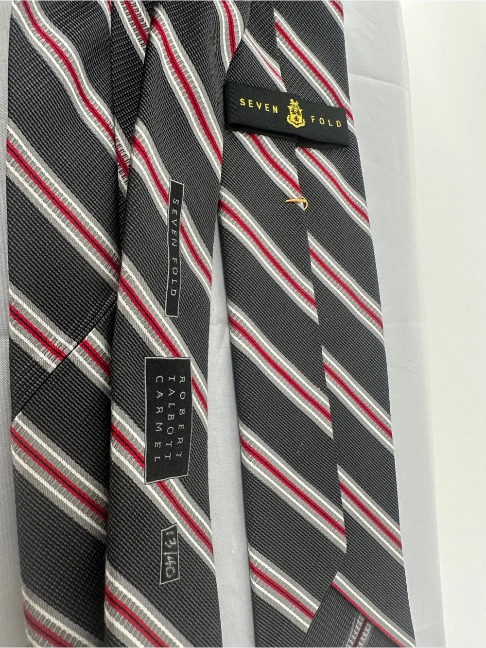 robert talbott Newman 7 Fold grey and red striped Silk Necktie